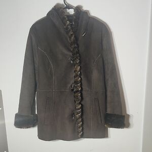 Jones New York Dark Brown Teddy Jacket with Faux Fur Trim